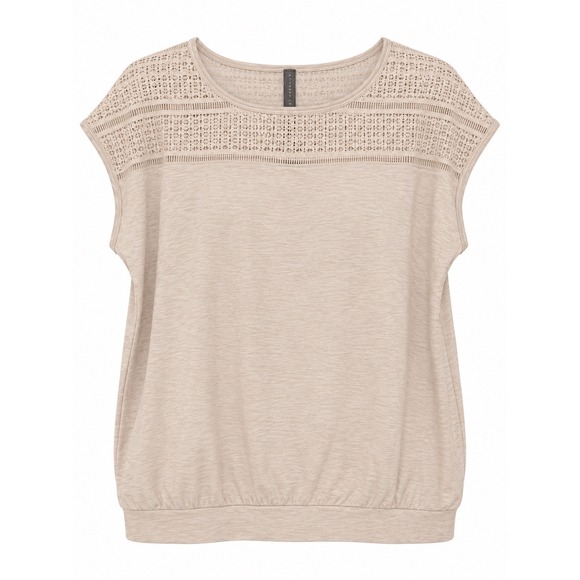 Lane Bryant Tops - Lane Bryant Crochet Lace Yoke Top Oatmeal Beige Tan Short Sleeve Plus Size 18/20